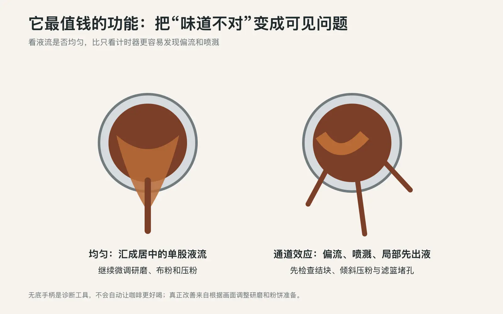 均匀浓缩咖啡萃取与通道效应喷溅的对比图