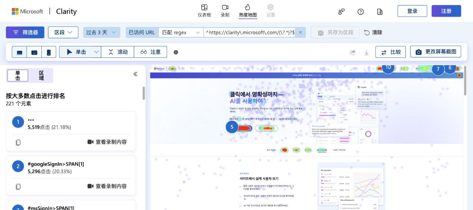 Microsoft Clarity 官方 Demo 点击热力图