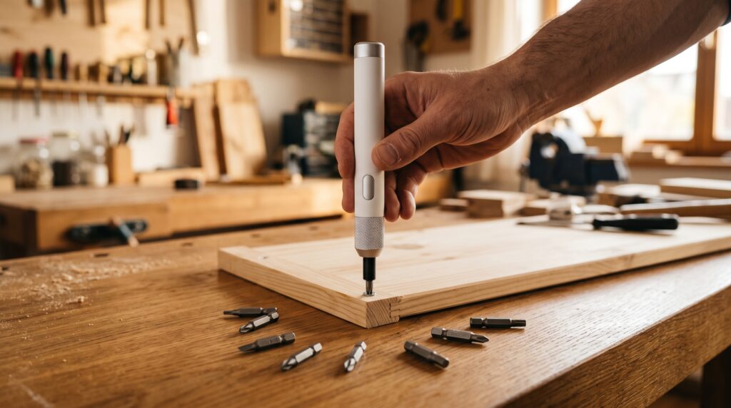 Adult hand holding white electric screwdriver on warm wooden workshop bench